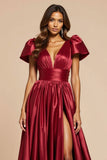 Dark Red A Line V-Neck Pleated Prom Dress with Short Sleeves
