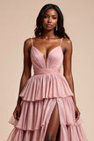 Dusty Rose A Line Spaghetti Straps Ruffles Tiered Prom Dress