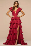 Dark Red A-Line Deep V Neck Ruffles Long Prom Dress with Slit