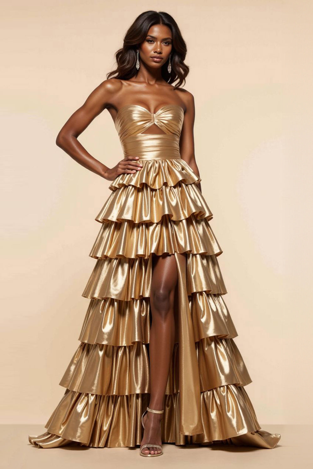 Golden A-Line Strapless Ruched Ruffles Ball Gown with Slit