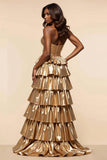 Golden A-Line Strapless Ruched Ruffles Ball Gown with Slit