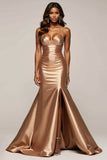 Golden Mermaid Spaghetti Straps Ruched Satin Long Prom Dress with Slit