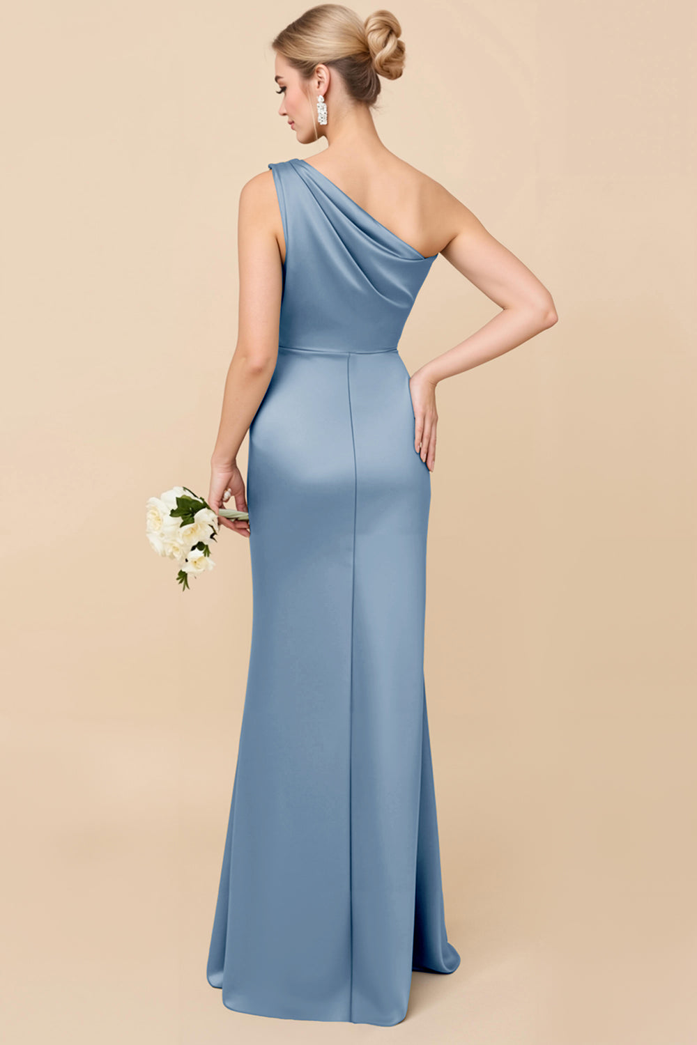 Dusty Blue One Shoulder Sheath Ruched Bridesmaid Dress