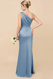 Dusty Blue One Shoulder Sheath Ruched Bridesmaid Dress
