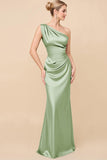 Dusty Blue One Shoulder Sheath Ruched Bridesmaid Dress
