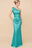 Dusty Blue One Shoulder Sheath Ruched Bridesmaid Dress