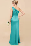 Dusty Blue One Shoulder Sheath Ruched Bridesmaid Dress