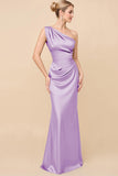 Dusty Blue One Shoulder Sheath Ruched Bridesmaid Dress