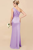 Dusty Blue One Shoulder Sheath Ruched Bridesmaid Dress