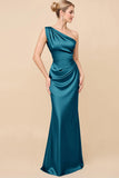 Dusty Blue One Shoulder Sheath Ruched Bridesmaid Dress