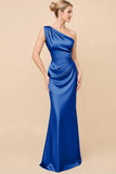 Dusty Blue One Shoulder Sheath Ruched Bridesmaid Dress