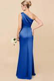 Dusty Blue One Shoulder Sheath Ruched Bridesmaid Dress