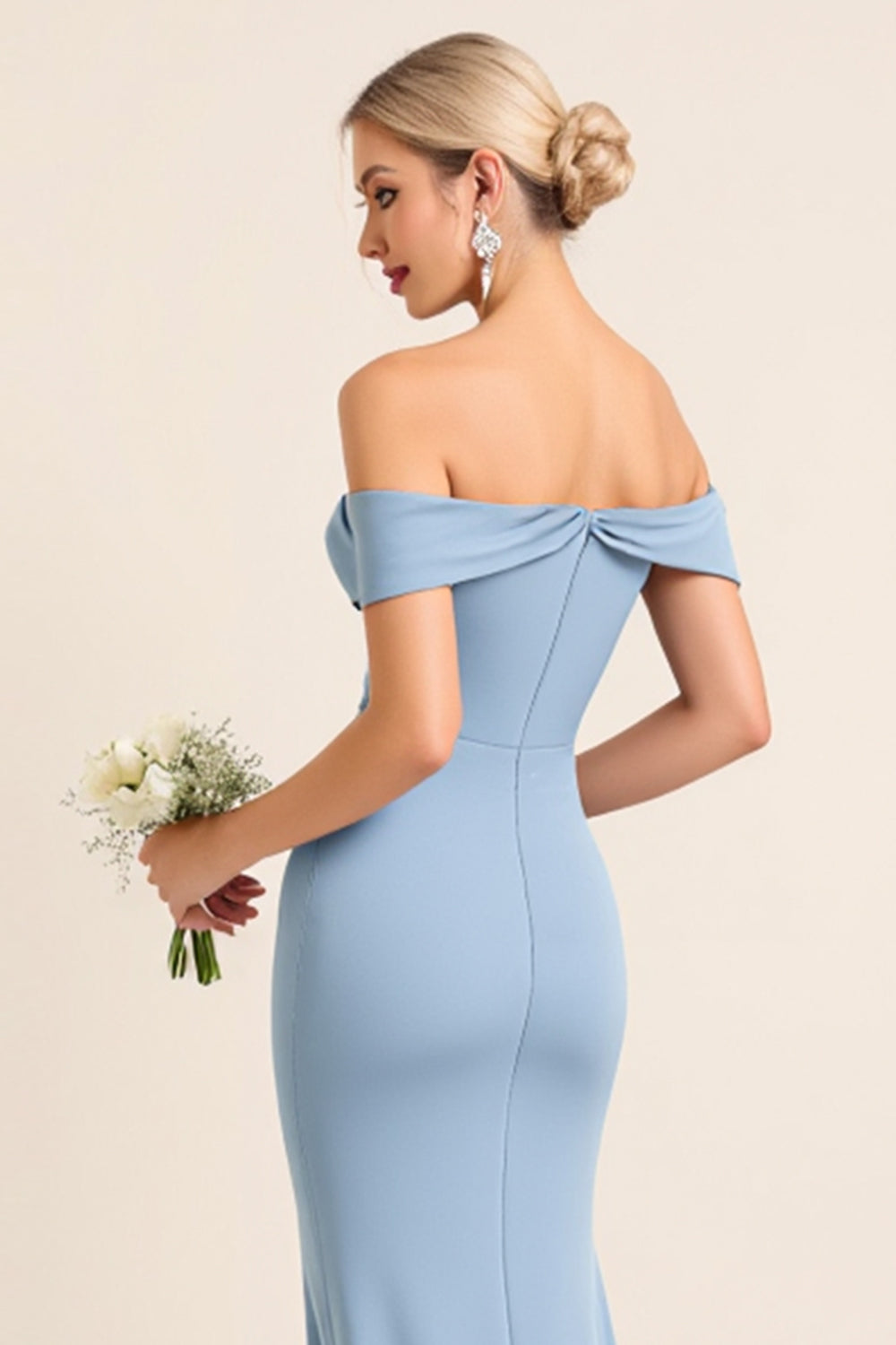 Matte Satin Off the Shoulder Dusty Blue Ruched Sheath Bridesmaid Dress with Slit