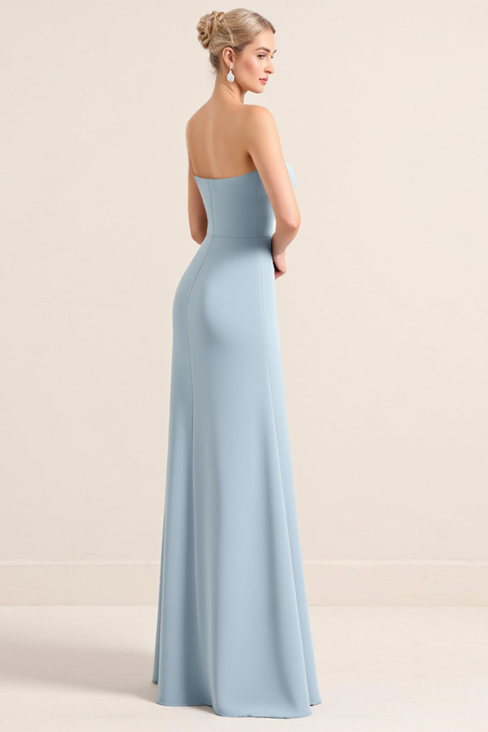 Stretch Satin Dusty Blue Strapless Sheath Bridesmaid Dress with Slit