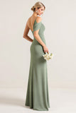 Olive One Shoulder Ruched Chiffon Sheath Bridesmaid Dress