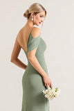 Olive One Shoulder Ruched Chiffon Sheath Bridesmaid Dress