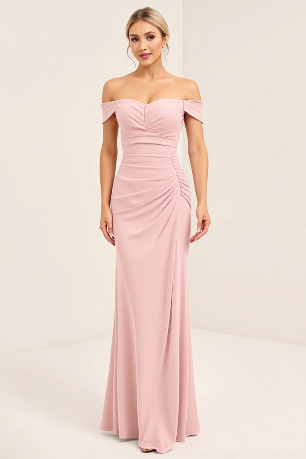 Blush Pink Ruched Off the Shoulder Sheath Bridesmaid Dress