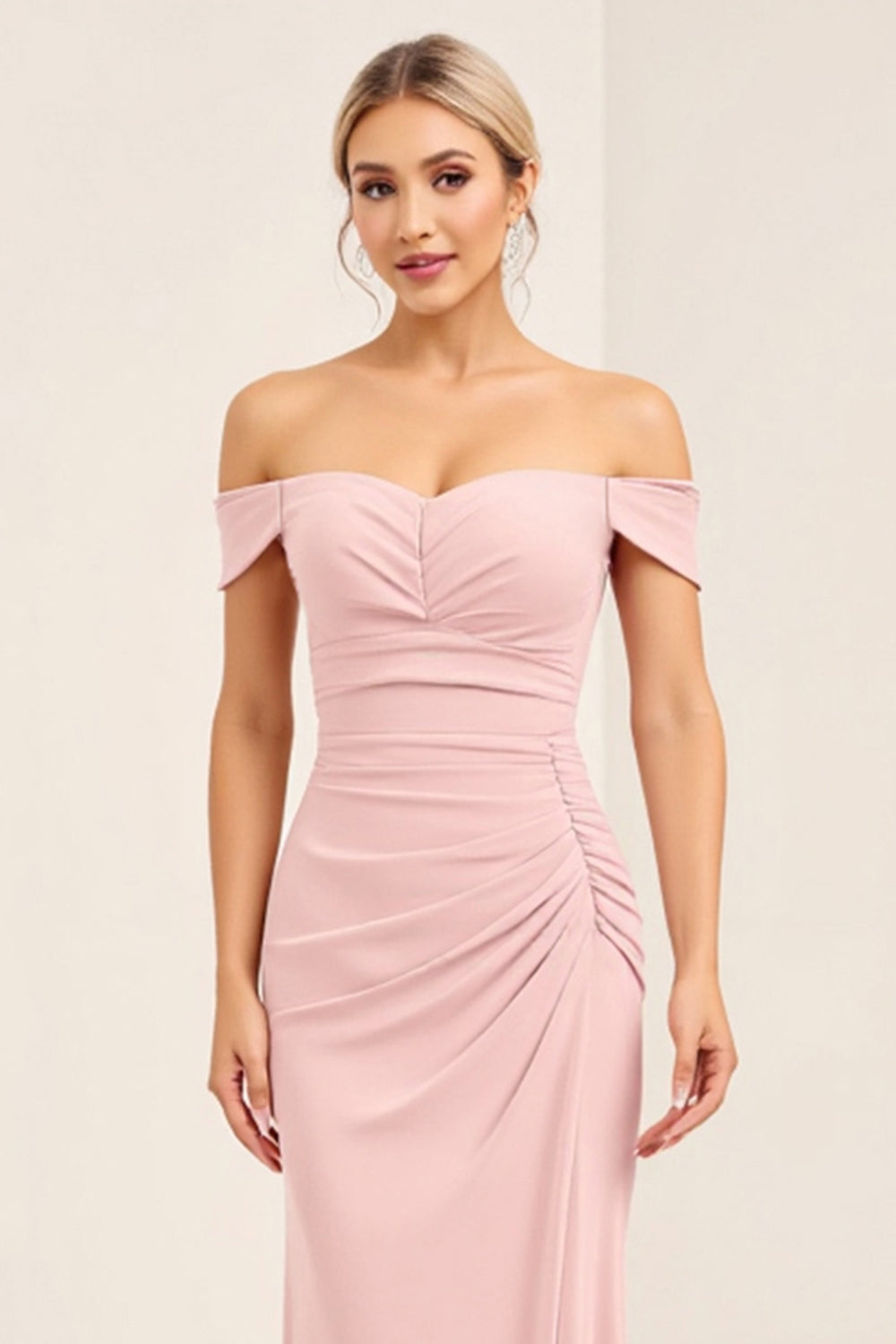 Blush Pink Ruched Off the Shoulder Sheath Bridesmaid Dress