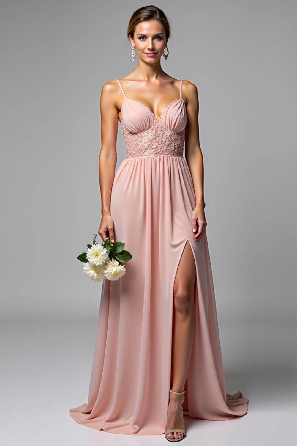 Dusty Rose Spaghetti Straps Chiffon Lace Bridesmaid Dress with Slit