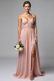 Dusty Rose Spaghetti Straps Chiffon Lace Bridesmaid Dress with Slit