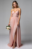 Dusty Rose Spaghetti Straps Chiffon Lace Bridesmaid Dress with Slit