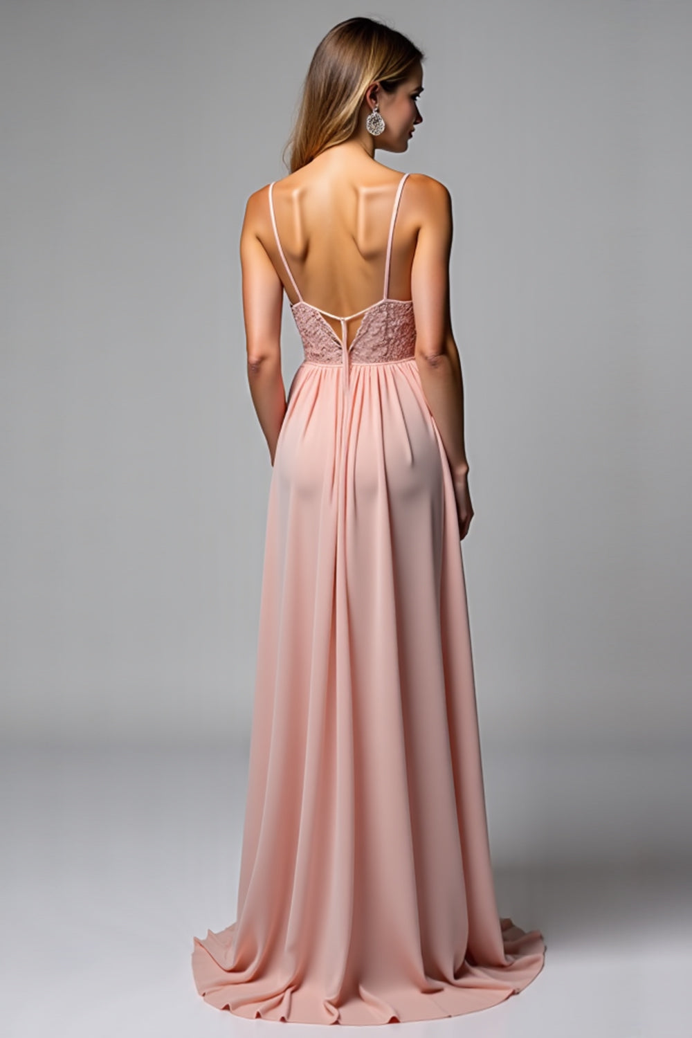 Dusty Rose Spaghetti Straps Chiffon Lace Bridesmaid Dress with Slit