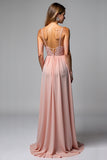 Dusty Rose Spaghetti Straps Chiffon Lace Bridesmaid Dress with Slit
