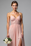 Dusty Rose Spaghetti Straps Chiffon Lace Bridesmaid Dress with Slit