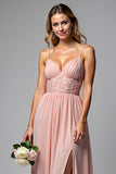 Dusty Rose Spaghetti Straps Chiffon Lace Bridesmaid Dress with Slit