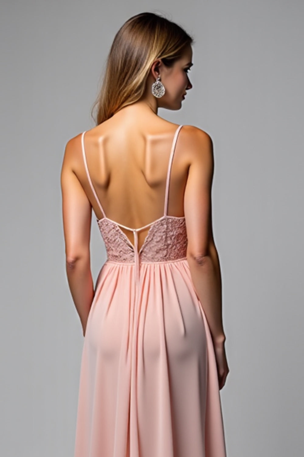 Dusty Rose Spaghetti Straps Chiffon Lace Bridesmaid Dress with Slit