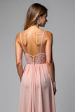 Dusty Rose Spaghetti Straps Chiffon Lace Bridesmaid Dress with Slit