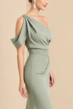 Matcha One Shoulder Mermaid Long Satin Bridesmaid Dress