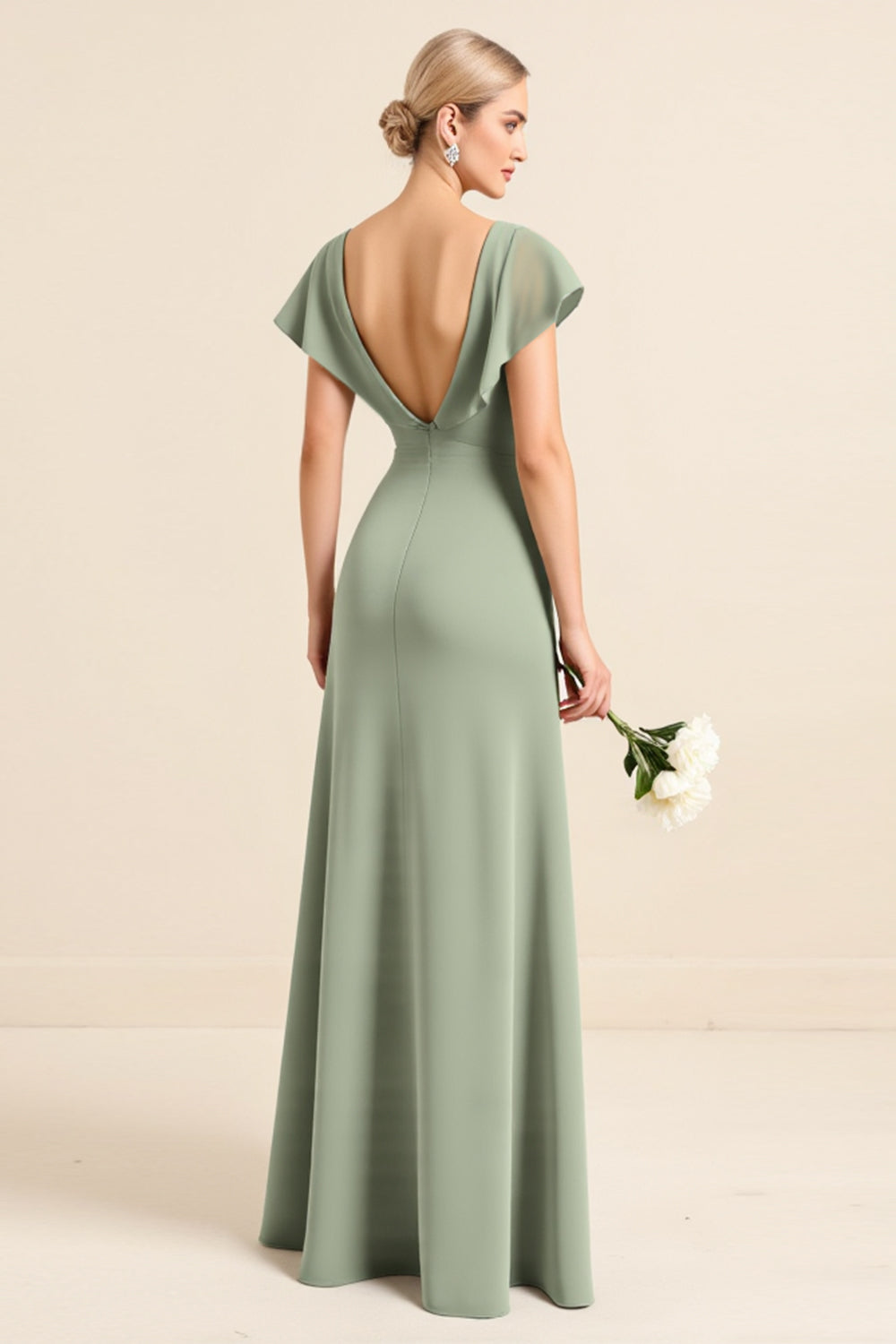 Matcha Sheath V-Neck Ruffle Sleeves Long Bridesmaid Dress with Slit