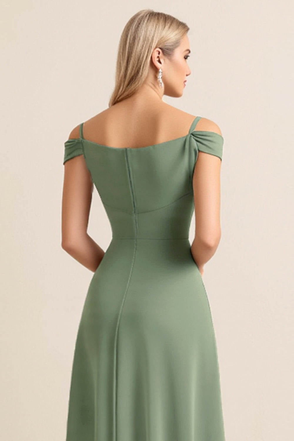 Eucalyptus Sheath Cold Shoulder Ruched Long Bridesmaid Dress with Slit
