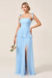 Sky Blue Tulle A Line Long Bridesmaid Dress with Slit
