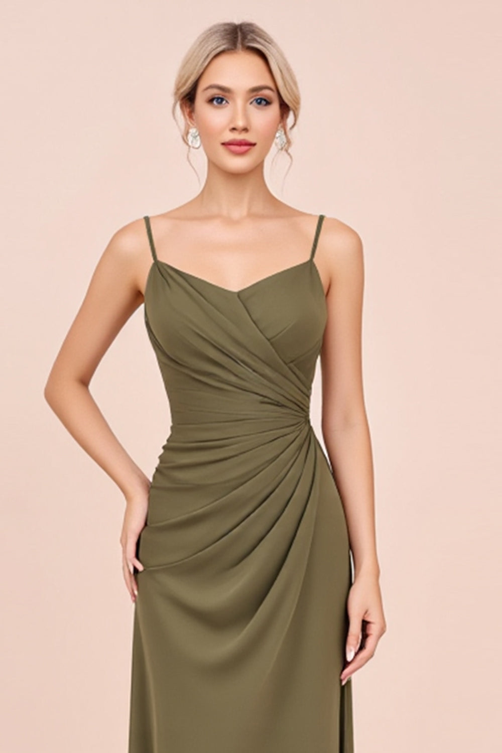 Olive Spaghetti Straps Sheath Ruched Long Bridesmaid Dress