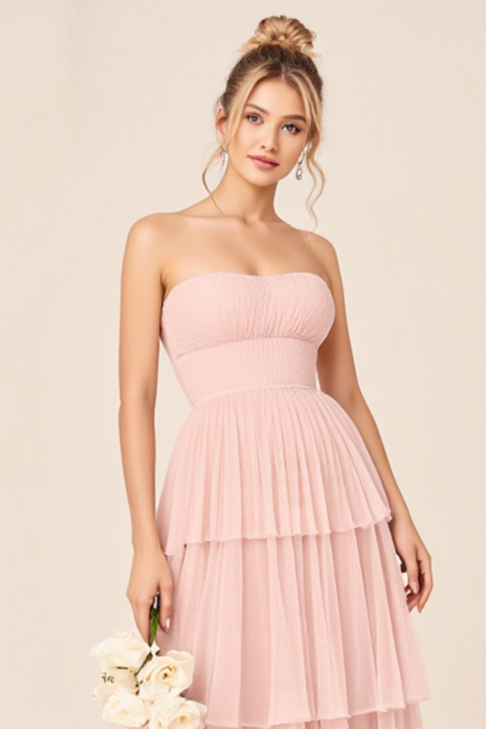 Candy Pink Strapless Tiered Ruffled Long Bridesmaid Dress
