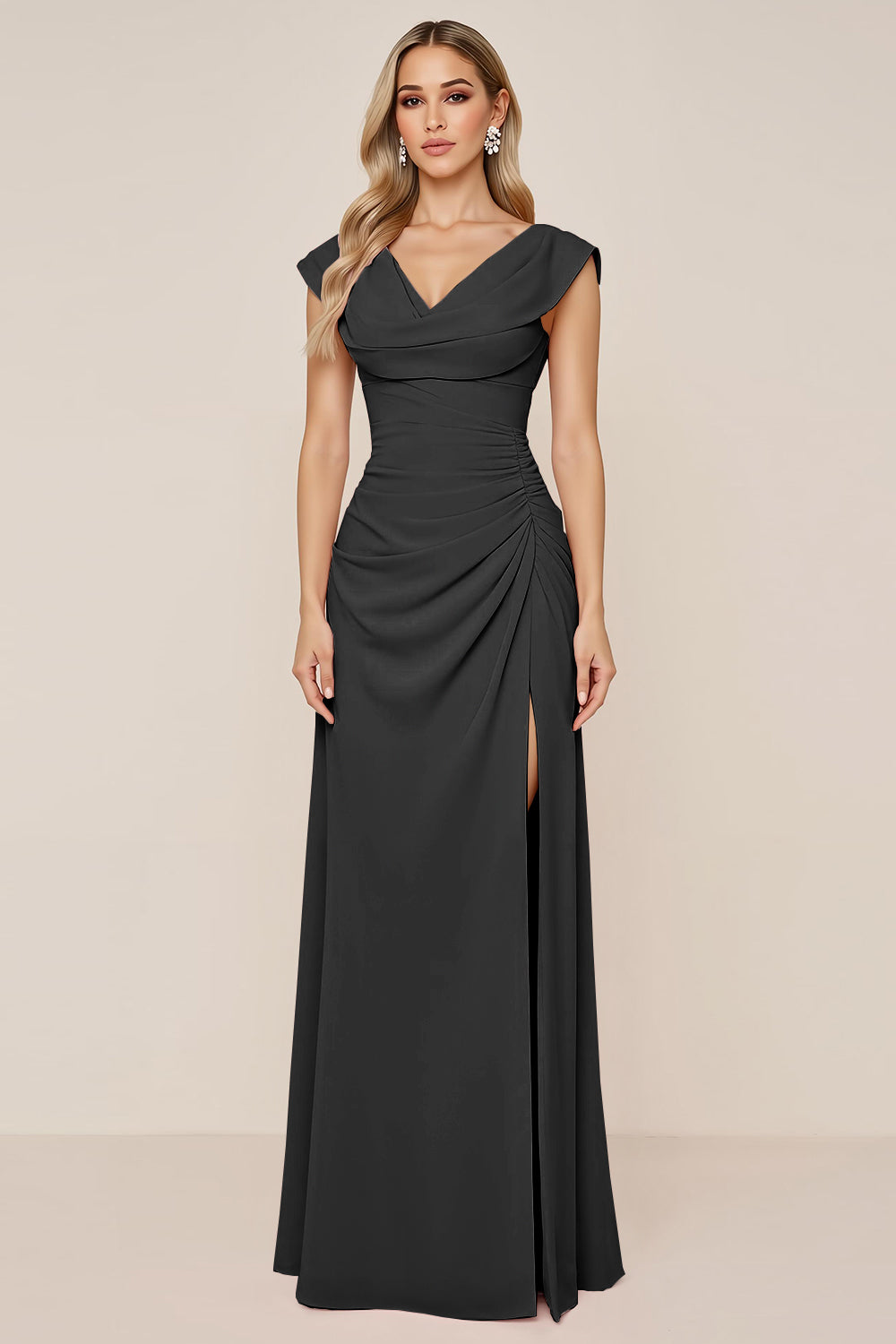 Dark Green Chiffon Cowl Neck Long Bridesmaid Dress with Slit