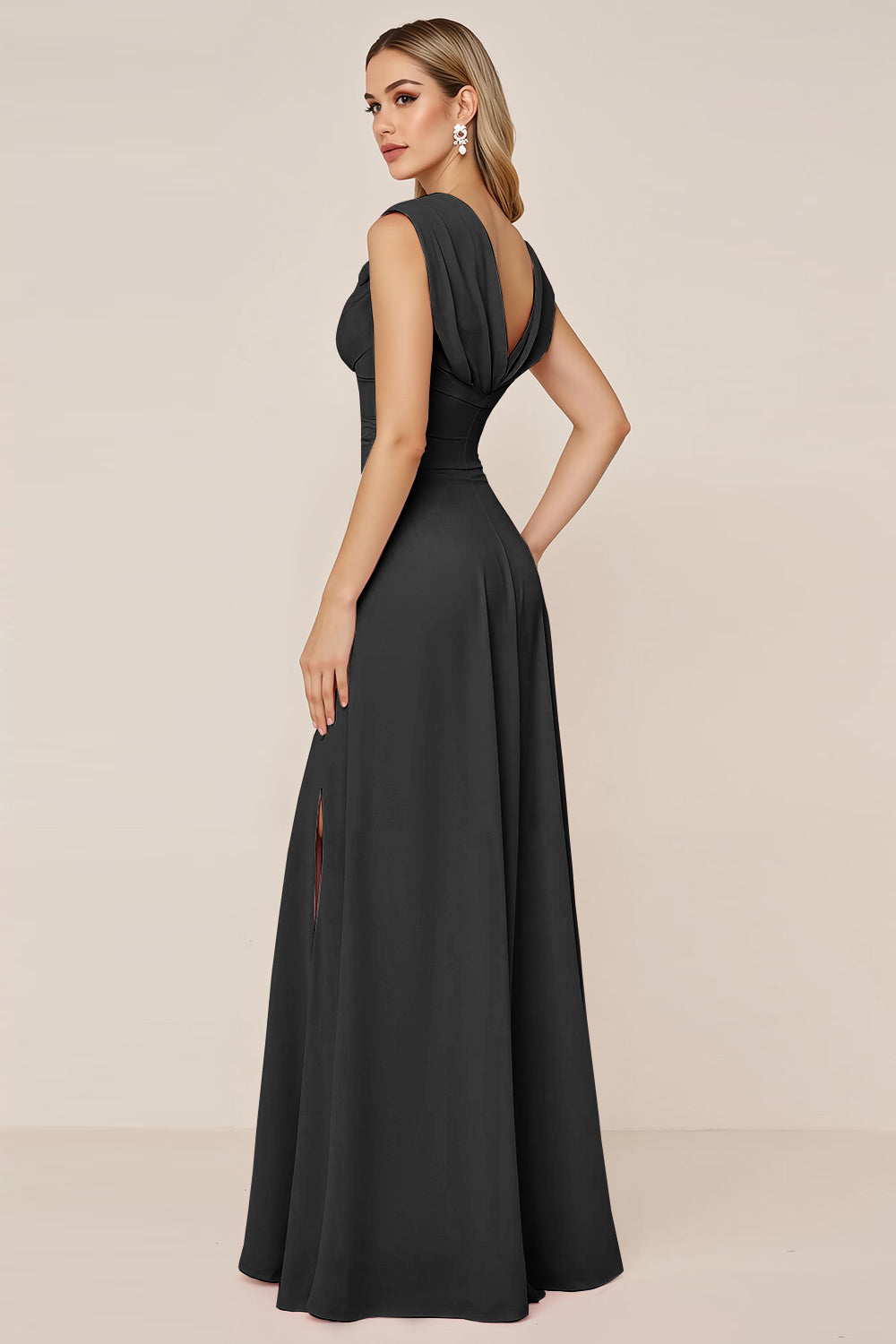 Dark Green Chiffon Cowl Neck Long Bridesmaid Dress with Slit