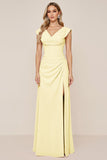 Candy Pink Chiffon Cowl Neck Long Bridesmaid Dress with Slit