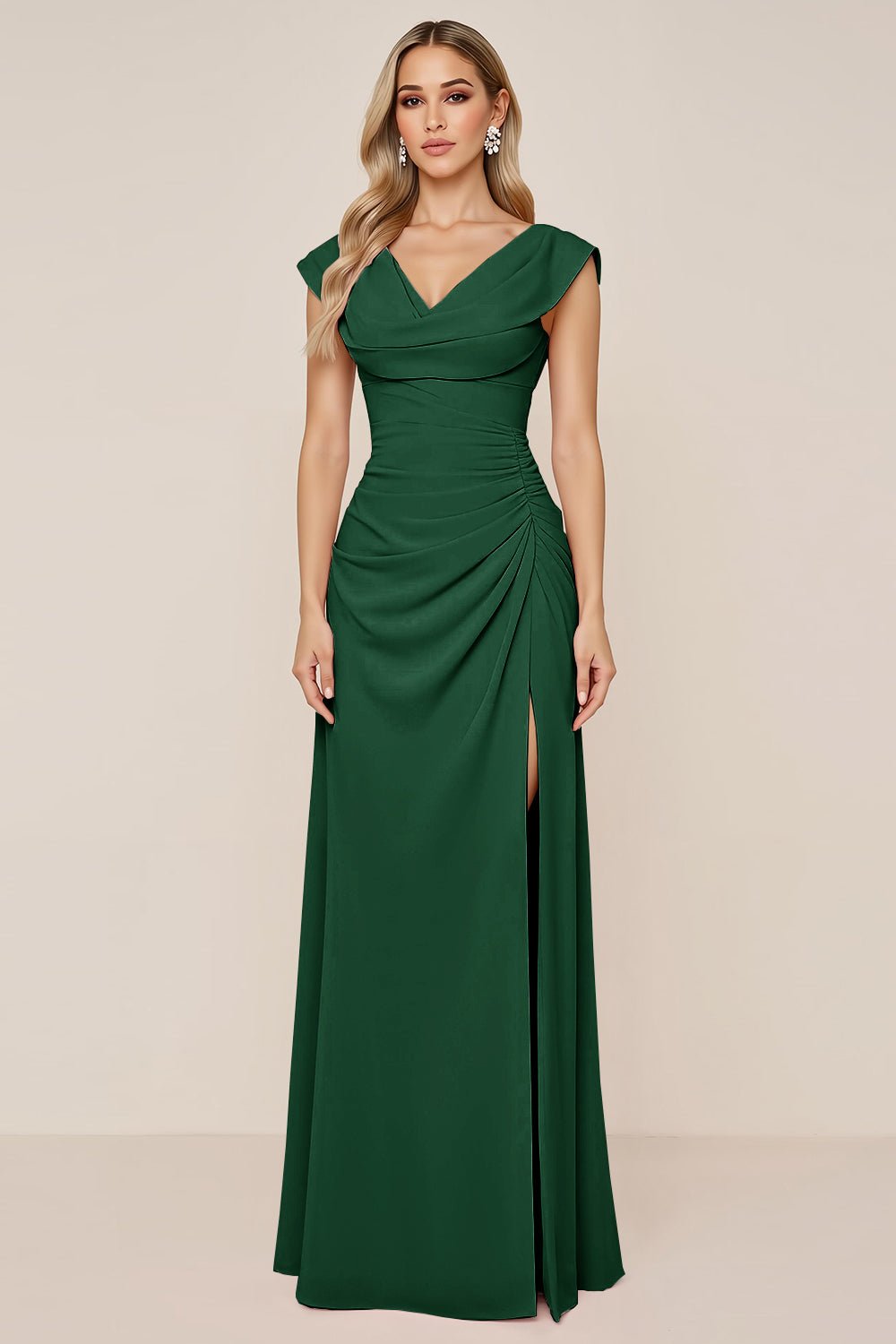 Dark Green Chiffon Cowl Neck Long Bridesmaid Dress with Slit