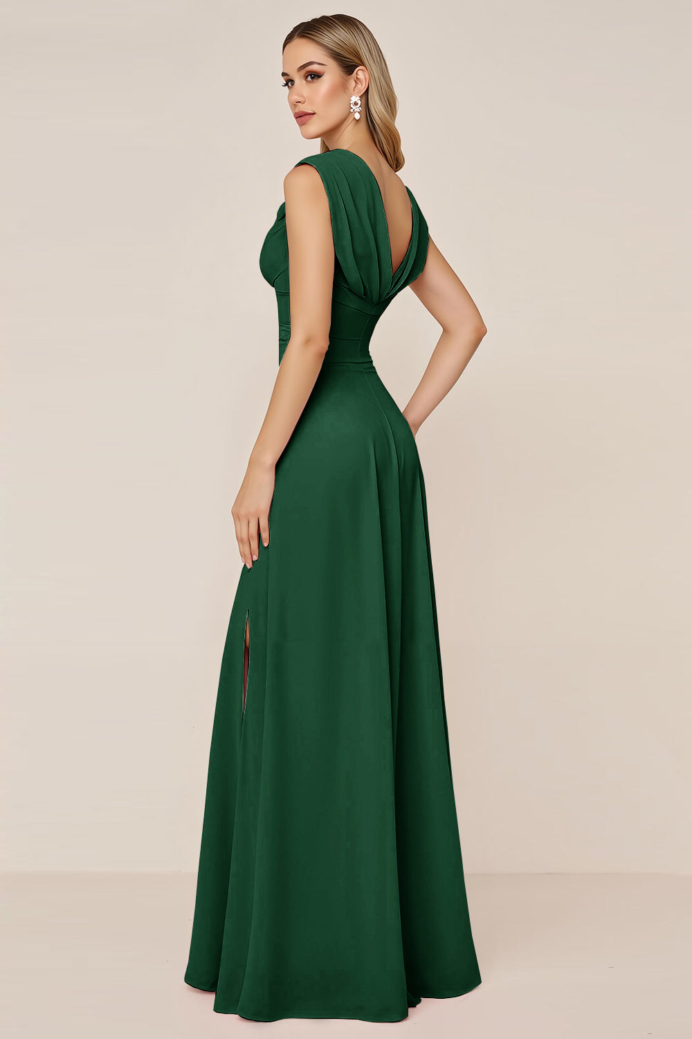 Dark Green Chiffon Cowl Neck Long Bridesmaid Dress with Slit