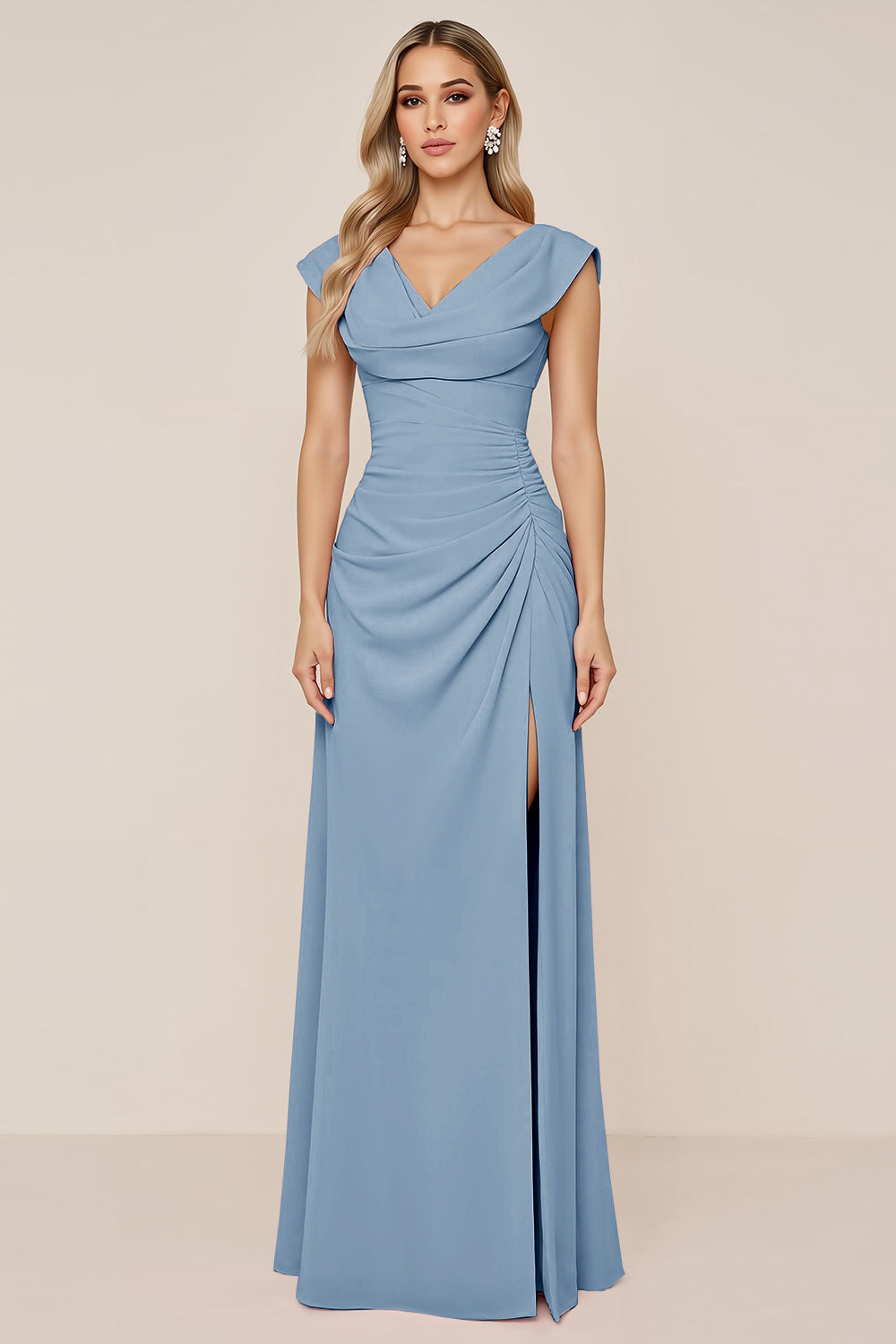 Candy Pink Chiffon Cowl Neck Long Bridesmaid Dress with Slit