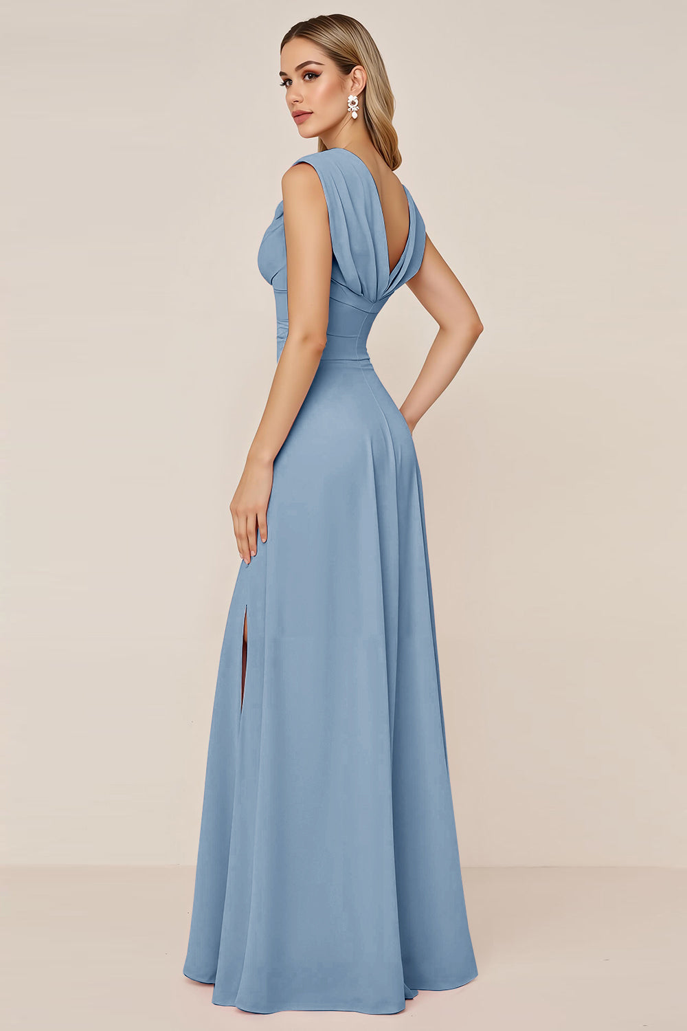 Candy Pink Chiffon Cowl Neck Long Bridesmaid Dress with Slit