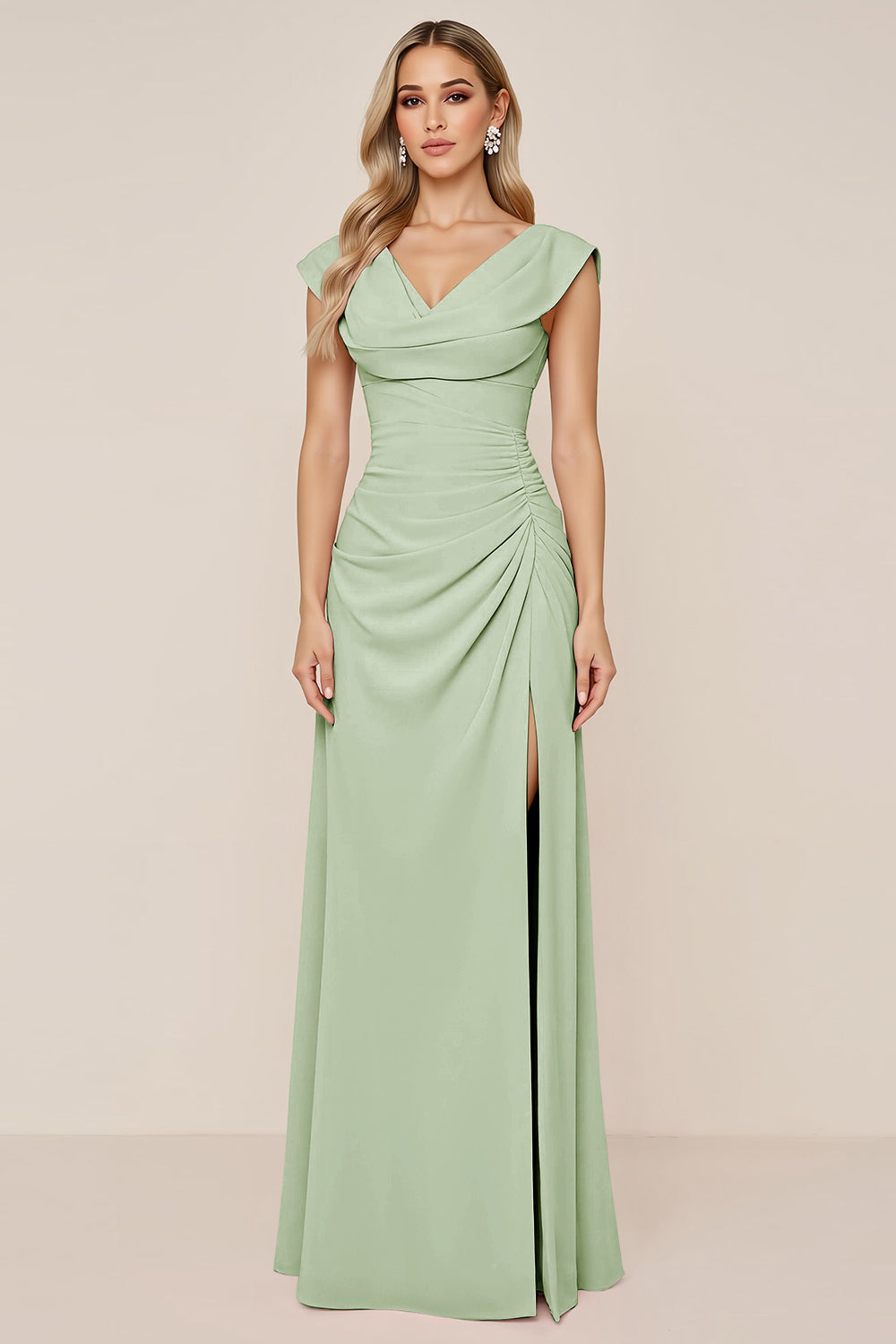 Candy Pink Chiffon Cowl Neck Long Bridesmaid Dress with Slit