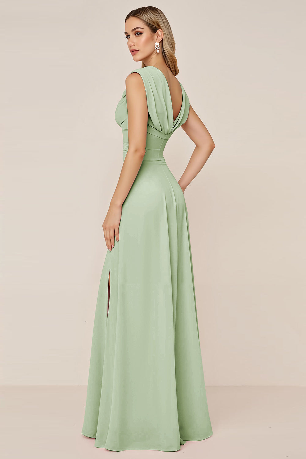 Candy Pink Chiffon Cowl Neck Long Bridesmaid Dress with Slit