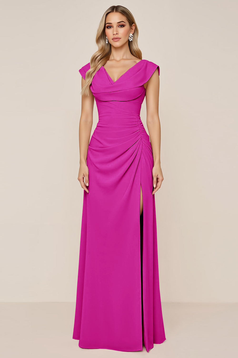 Candy Pink Chiffon Cowl Neck Long Bridesmaid Dress with Slit