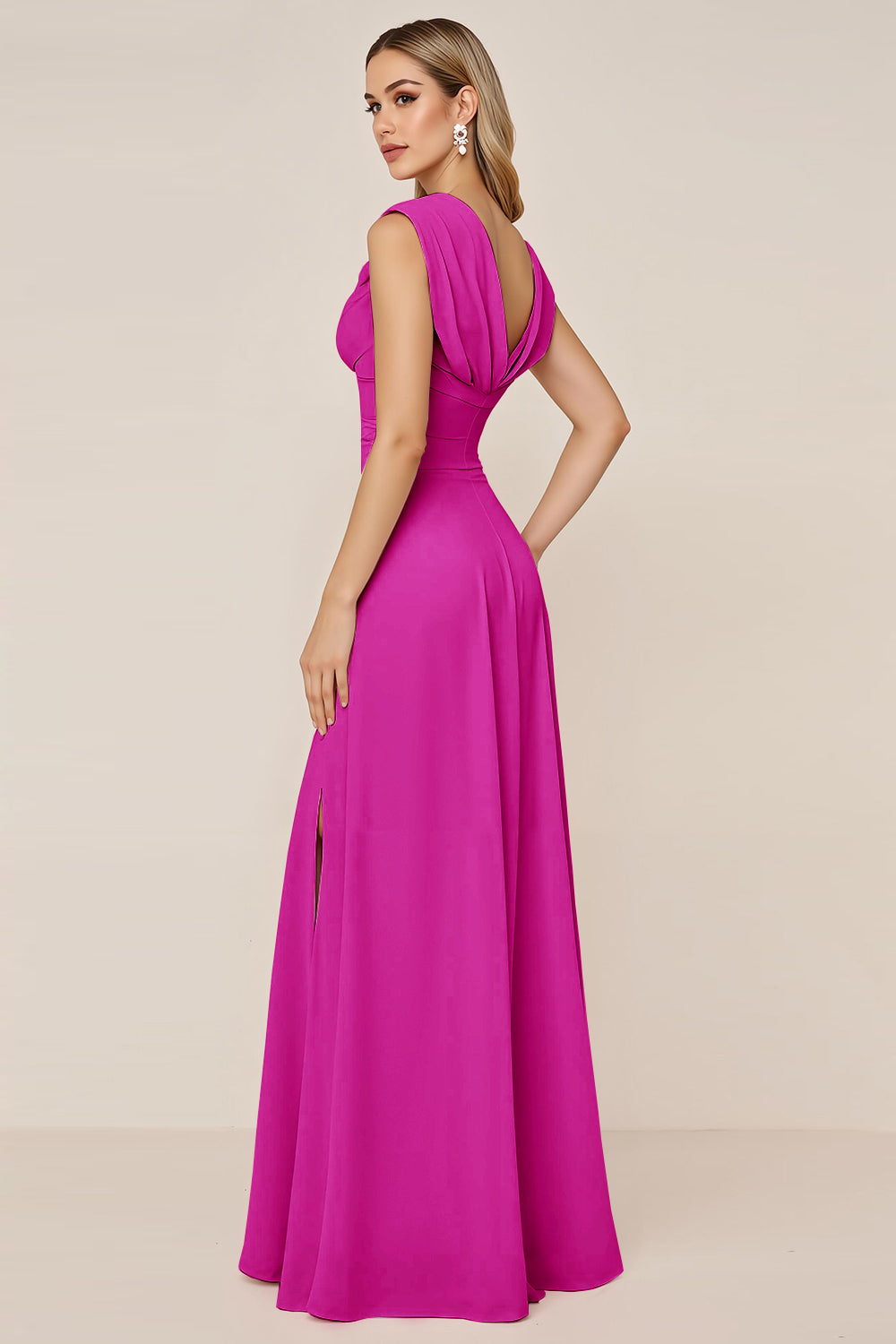 Candy Pink Chiffon Cowl Neck Long Bridesmaid Dress with Slit