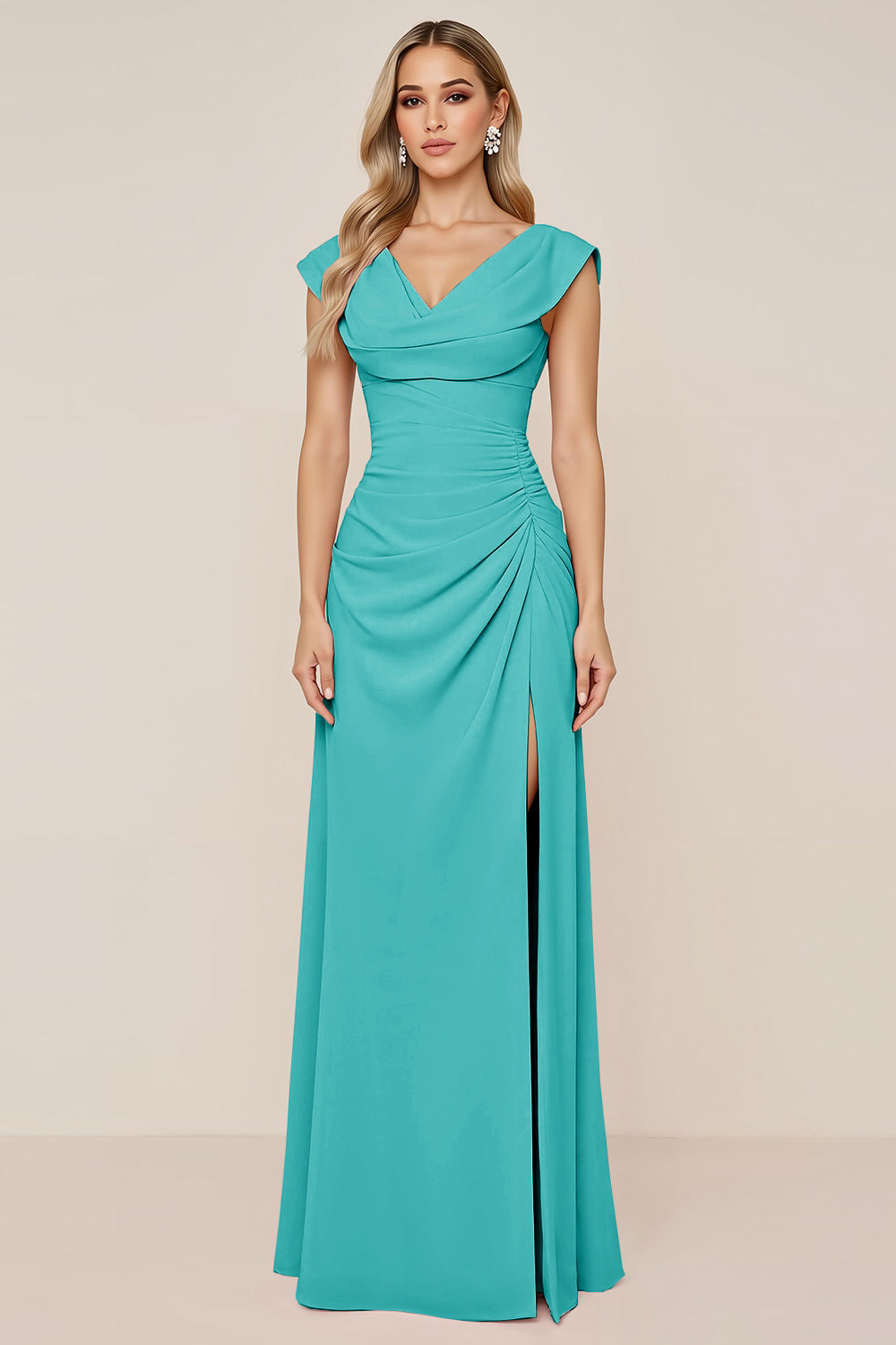 Candy Pink Chiffon Cowl Neck Long Bridesmaid Dress with Slit
