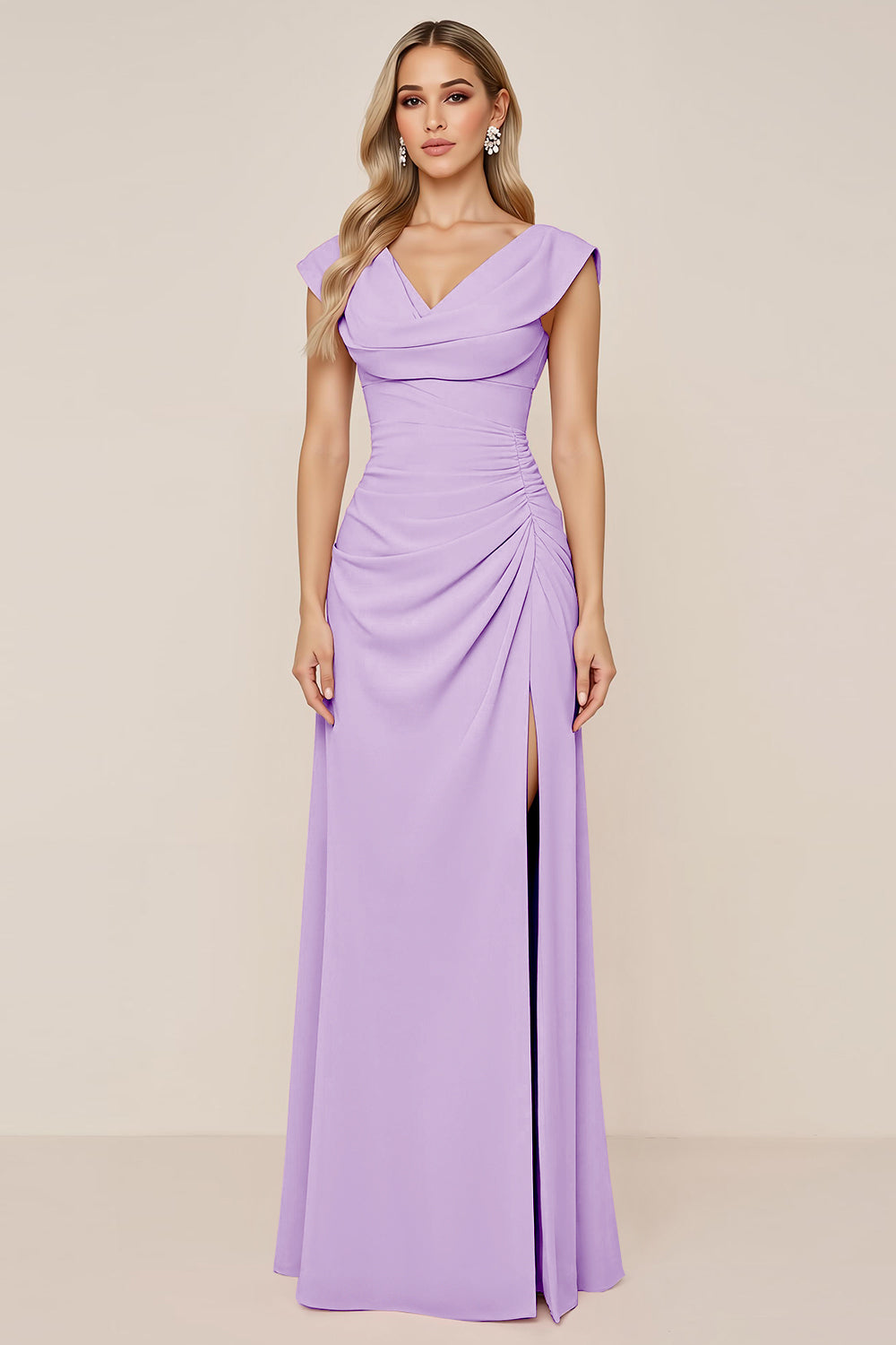Candy Pink Chiffon Cowl Neck Long Bridesmaid Dress with Slit